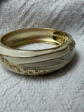 Gold and Cream Enamel Hinged Bangle Bracelet with Crystal Accents
